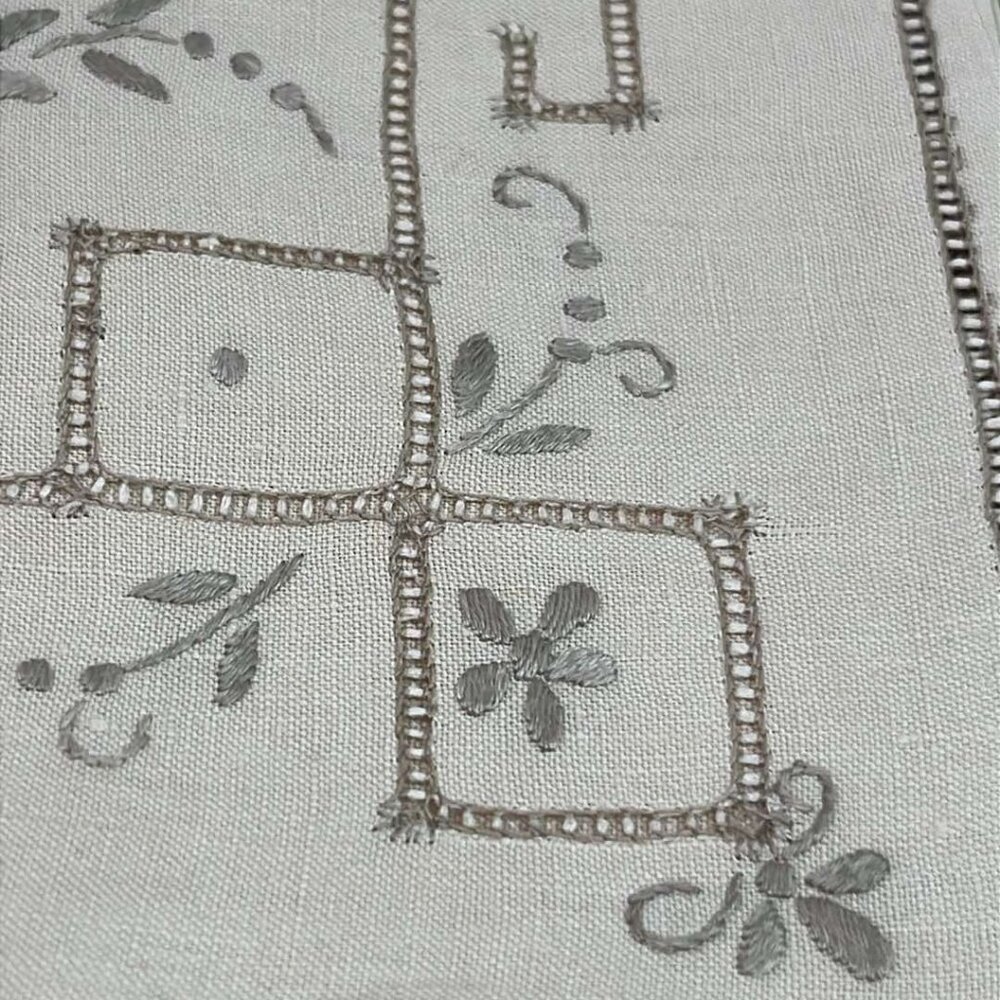 Cloth Napkins 16.25sq Ecru with Needlepoint Grey Flowers Trim Set Of 6 Vintage